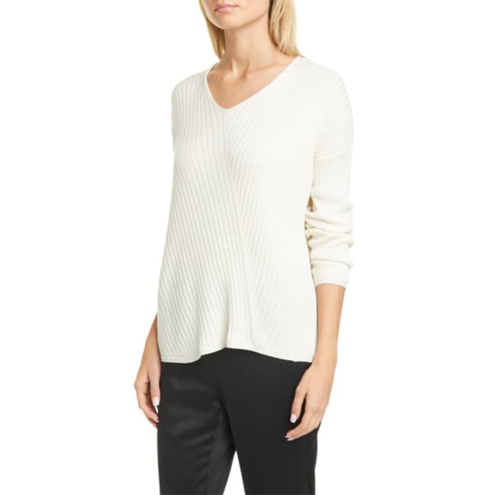 Eileen Fisher Cream V-Neck Ribbed Sweater